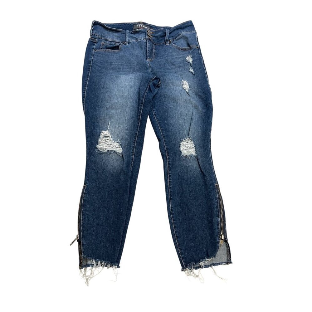 Torrid Premium High Rise Bottom Zip Dark Wash Distressed Skinny Jeans size 12R